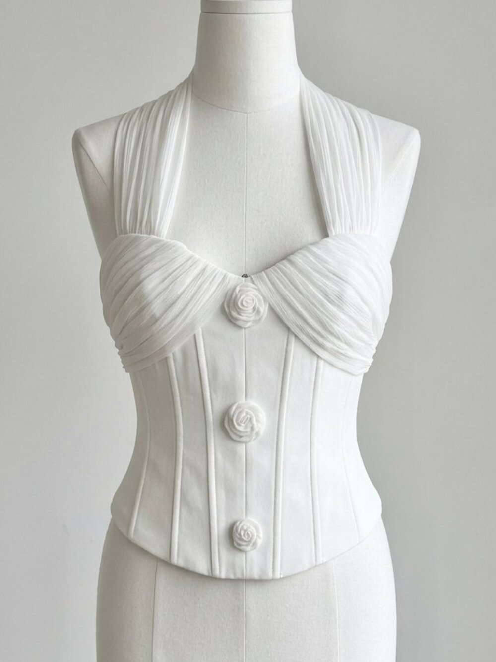 Romantic White Rosette Corset Top with Ruched Chiffon Straps